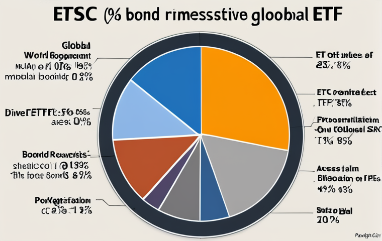 **
"Diverse portfolio pie chart with global stock ETF (MSCI World/FTSE All-World), government bond ETF, and corporate bond ETF slices. Visual representation of diversification, showing percentages allocated to each asset class. Emphasis on 'Low Cost' and 'Global'."
**
